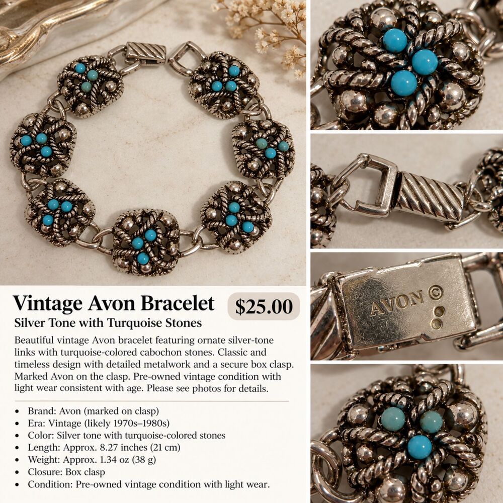 Vintage Avon Silver Tone Bracelet with Turquoise Colored Stones